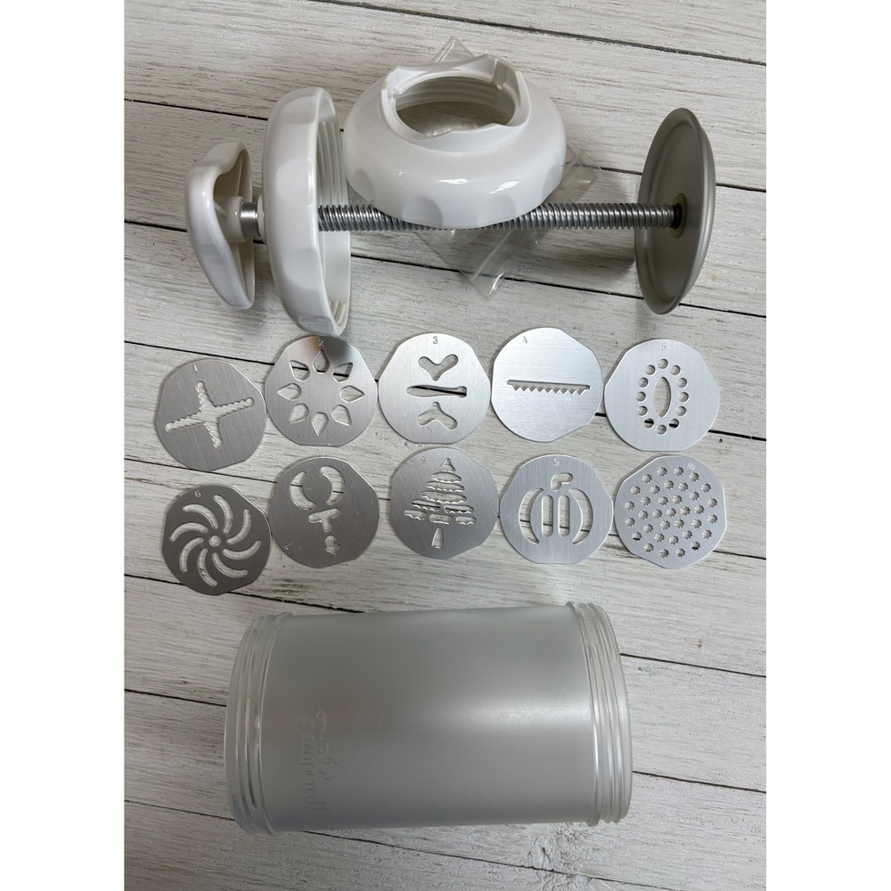 Pampered Chef Cookie Press 1526 White Silver with 10‎ Disks and Storage Box